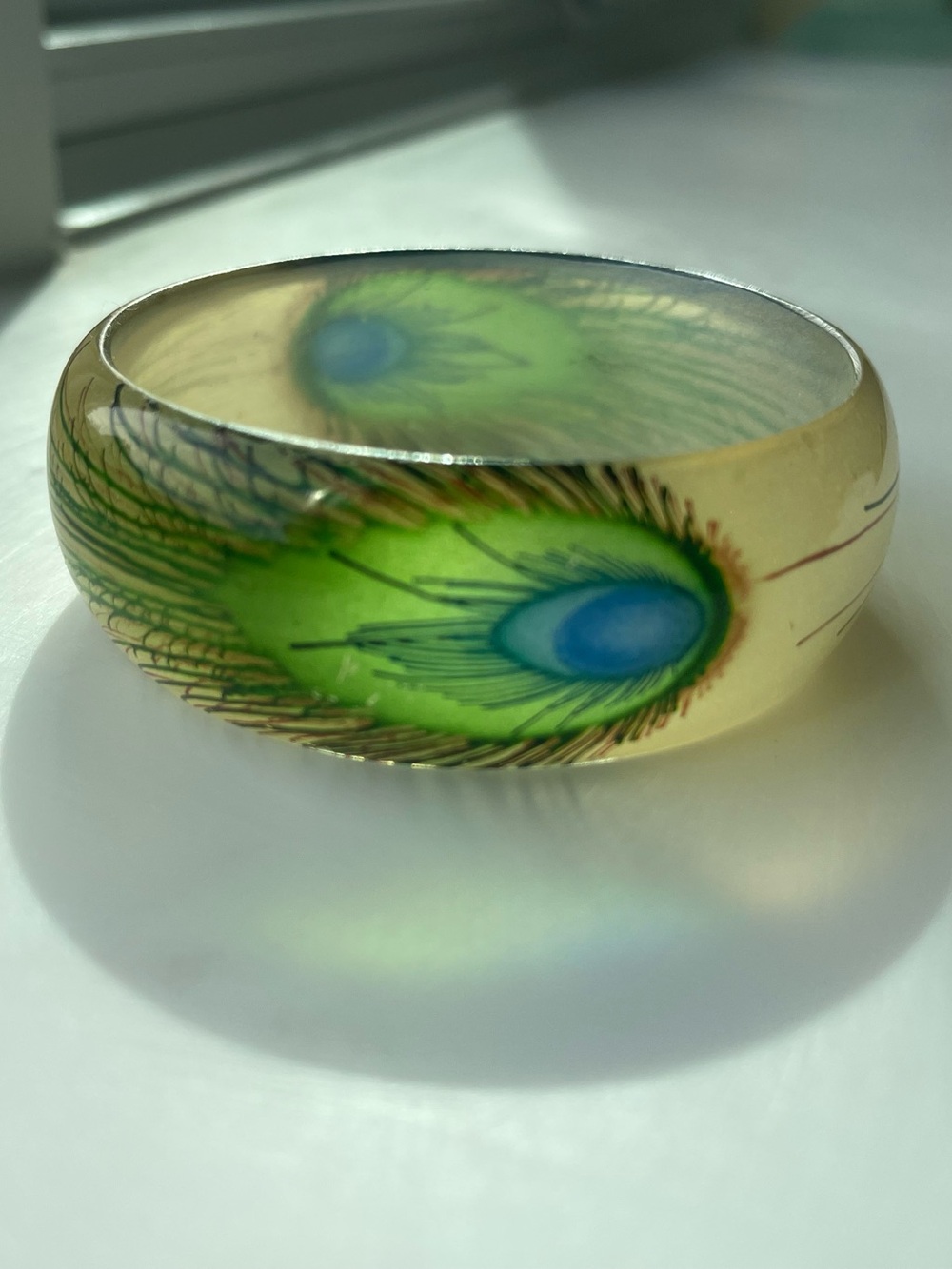 Vintage Lucite Peacock Feather Bangle Bracelet Wide Chunky 60s 70s